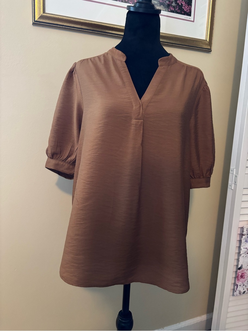 Pleione Brown V-Neck Puff Sleeve Blouse